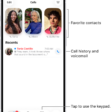 The Calls tab in the Phone app in Unified layout. Favorite contacts appear at the top. Below the Favorites is a list of recent calls and voicemail. Buttons to view the Calls, Contacts, and Keypad tabs appear at the bottom. The Search button is in the bottom-right corner.