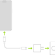 iPhone connected to the power adapter plugged into a power outlet.