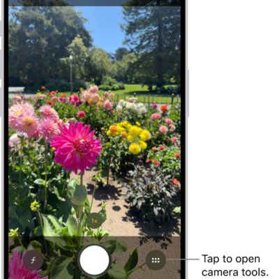 Camera is open in Photo mode. The Camera Controls button is in the top-right corner. The Photo and Video Viewer button is in the bottom-left corner. The Take Picture button is at the bottom center, and the Camera Chooser Back-Facing button is in the bottom-right corner.