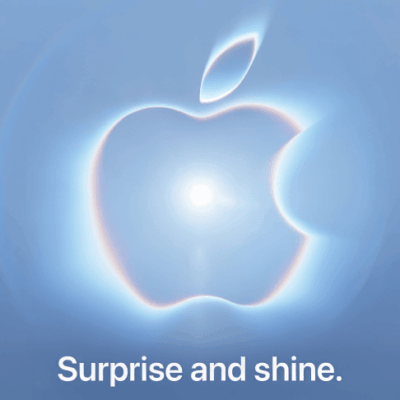 Apple graphic showing its logo with a bright light at the center on a blue-gray background. text: Surprise and shine