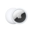 AirTag, circular shape, white color ring around outer edge, front exterior, reflective silver color material, Apple logo, centered, back exterior, white color  