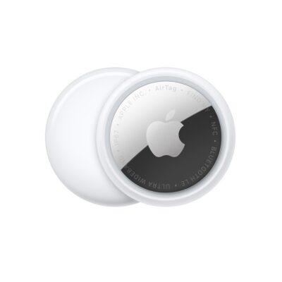 AirTag, circular shape, white color ring around outer edge, front exterior, reflective silver color material, Apple logo, centered, back exterior, white color