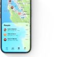 iPhone, Find My app, People screen, city map, list of friends, their location and distance available  