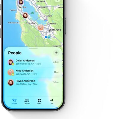 iPhone, Find My app, People screen, city map, list of friends, their location and distance available  