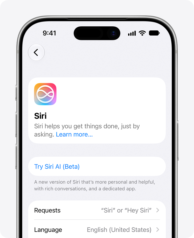 iPhone showing the Try Siri AI \(Beta\) option.