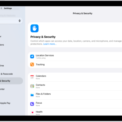 A Settings screen showing Privacy & Security options such as Location Services and Tracking.