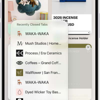 Previews of open tabs are visible on the screen. At the bottom left of the screen, the New Tab button is selected, revealing a list of recently closed tabs.