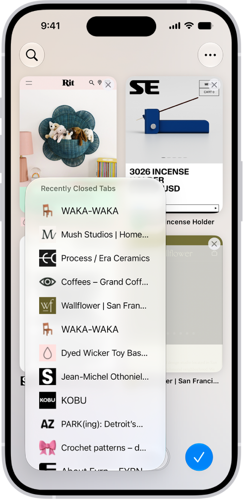 Previews of open tabs are visible on the screen. At the bottom left of the screen, the New Tab button is selected, revealing a list of recently closed tabs.