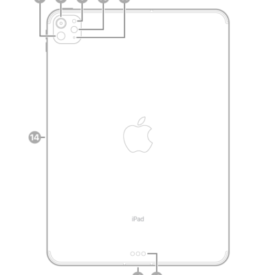 The back view of iPad Pro with callouts to LiDAR, the rear camera, rear ambient light sensor, flash, and microphone at the top left, the Smart Connector and USB-C connector at the bottom center, and the magnetic connector for Apple Pencil on the left.