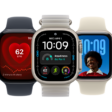 From left to right, an Apple Watch showing the Heart Rate app, an Apple Watch Ultra showing the Modular Ultra watch face, and an Apple Watch showing the Photos watch face.