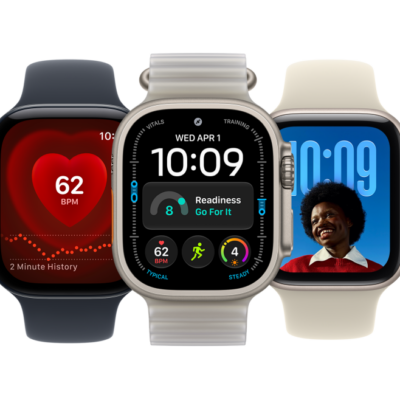 From left to right, an Apple Watch showing the Heart Rate app, an Apple Watch Ultra showing the Modular Ultra watch face, and an Apple Watch showing the Photos watch face.