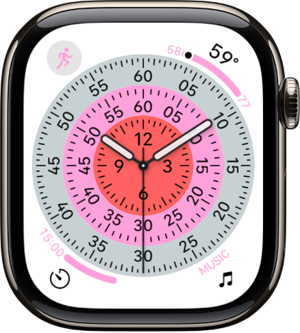 The Exactitudes watch face. It shows four complications: Workout at the top left, the date at the top right, Timers at the bottom left, and Music at the bottom right.