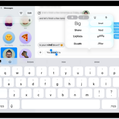 A Messages conversation with a word selected in the text field, and formatting and effects options shown above it. The selected text appears with a preview of the effect.