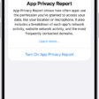 An App Privacy Report listing information about apps for the category Data & Sensor Access, and information about apps for the category App Network Activity.