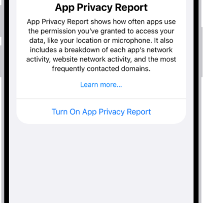 An App Privacy Report listing information about apps for the category Data & Sensor Access, and information about apps for the category App Network Activity.
