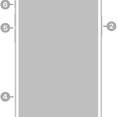 The front view of iPhone 14 Plus. The front camera is at the top center. The side button is on the right side. The Lightning connector is on the bottom. On the left side, from bottom to top, are the SIM tray, the volume buttons, and the Ring/Silent switch.