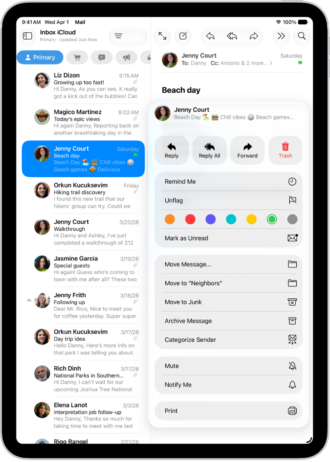 An open email. The menu with options for adding or removing a flag is shown on the right.