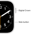 The front of Apple Watch, with the Digital Crown shown at the top on the right side of the watch and the side button shown at the bottom right.