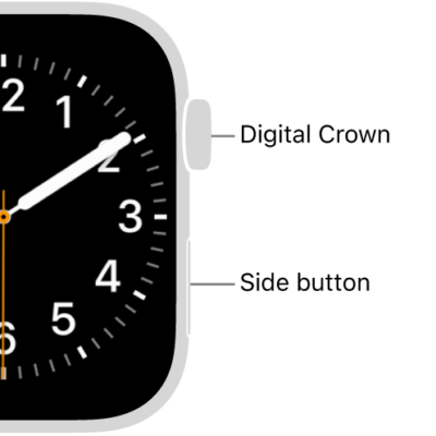 The front of Apple Watch, with the Digital Crown shown at the top on the right side of the watch and the side button shown at the bottom right.
