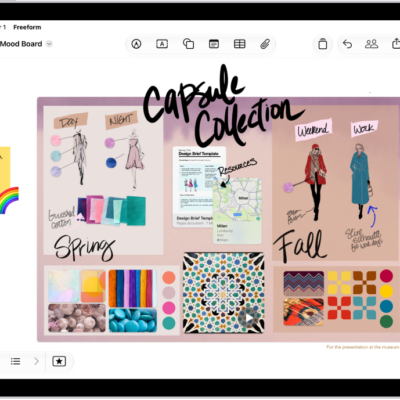 An iPad with the Freeform app open. The board includes handwriting, text, drawings, shapes, sticky notes, links, and other files.