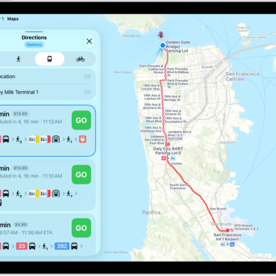 A map showing a transit route. A route card on the left shows Go buttons for several options for the route.