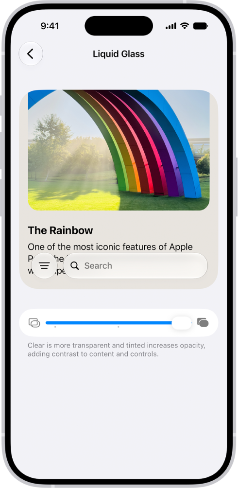 The Liquid Glass screen in Settings. In the middle of the screen is a slider to increase or decrease the level of Liquid Glass transparency.