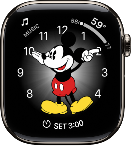 The Mickey Mouse watch face where you can add many complications. It shows three complications: Messages at the top left, Workout at the top right, and the date at the bottom.