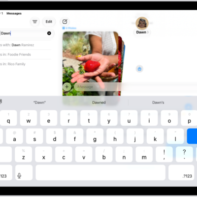 The search field in the Messages app. The search field contains a tag limiting the search to photos sent by one person and a search term.