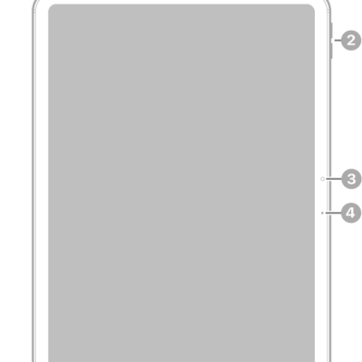 The front view of iPad Air with callouts to the top button and Touch ID at the top right, the volume buttons near the top right, the front camera at the center right, and the microphone on the right.