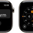 Two watch screens showing the process for adding an alarm: Tap Add Alarm, tap AM or PM, turn Digital Crown to adjust the time, then tap the check button.