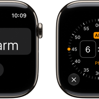 Two watch screens showing the process for adding an alarm: Tap Add Alarm, tap AM or PM, turn Digital Crown to adjust the time, then tap the check button.