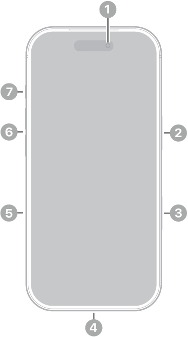 The front view of iPhone 17 Pro. The front camera is at the top center. The side button is on the right side. The USB-C connector is on the bottom. On the left side, from bottom to top, are the SIM tray, the volume buttons, and the Action button.