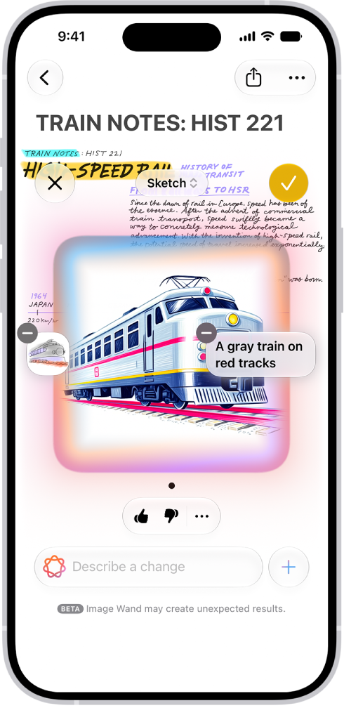The Image Wand window showing a created image of a train.