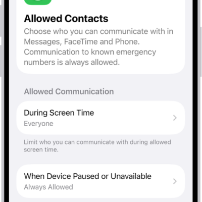 The Allowed Contacts screen in Screen Time showing communication allowed during Screen Time and when devices are paused.