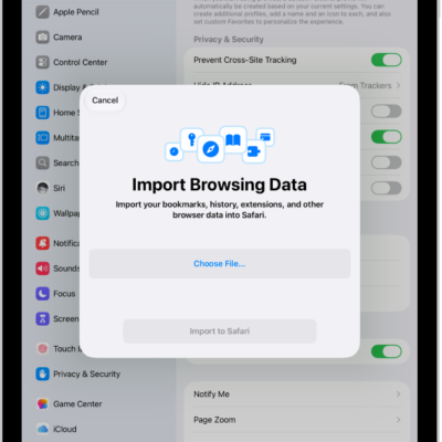 The Import Browsing Data screen, showing the data from another browser to be imported into Safari.