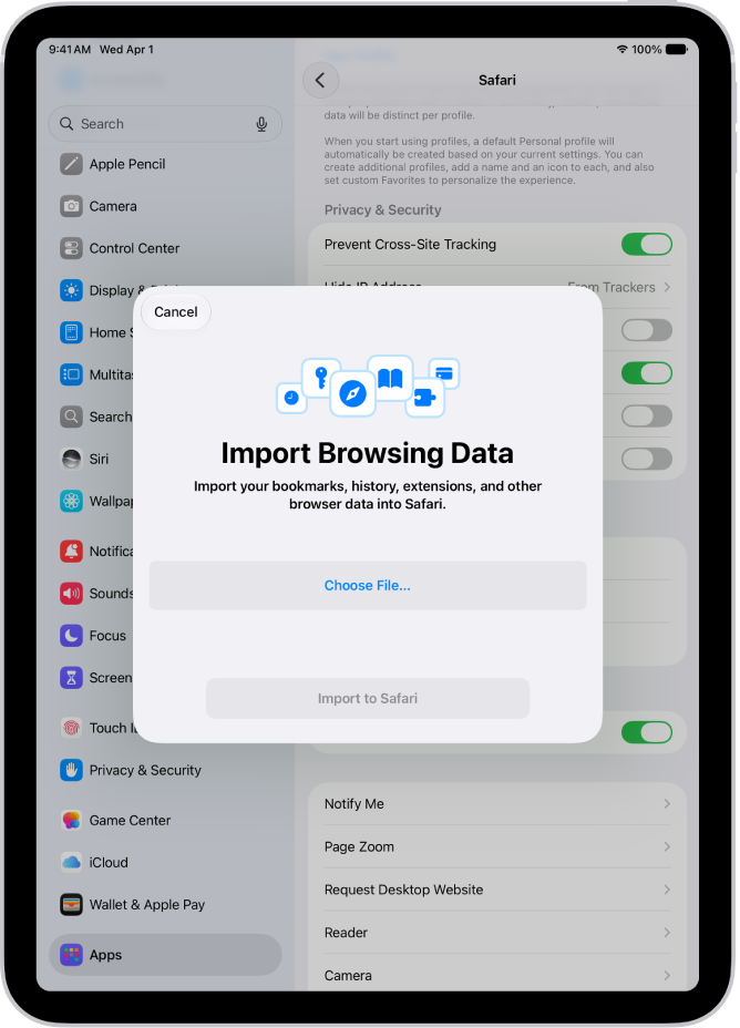 The Import Browsing Data screen, showing the data from another browser to be imported into Safari.