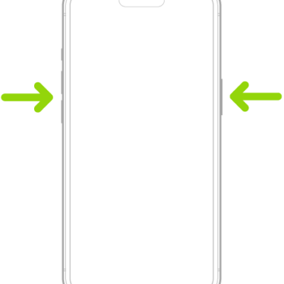 An outline of an iPhone with arrows pointing to the side button and either volume button.