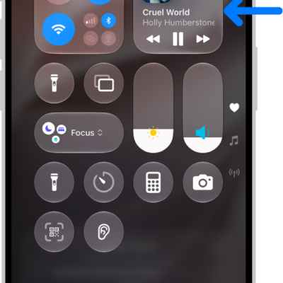 The iPhone Control Center showing an arrow pointing to the audio card where you can control music from the Lock Screen or when using another app.