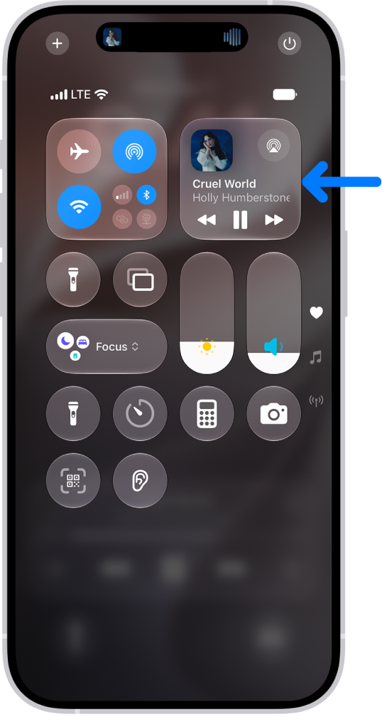 The iPhone Control Center showing an arrow pointing to the audio card where you can control music from the Lock Screen or when using another app.