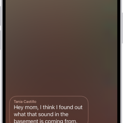 A call screen showing a Live Voicemail from a contact. Below the transcribed text are the Stop and Accept buttons for the call.