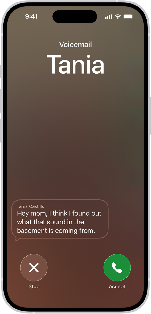 A call screen showing a Live Voicemail from a contact. Below the transcribed text are the Stop and Accept buttons for the call.