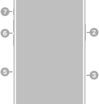 The front view of iPhone 16 Pro. The front camera is at the top center. The side button and the Camera Control are on the right side. The USB-C connector is on the bottom. On the left side, from bottom to top, are the SIM tray, the volume buttons, and the Action button.