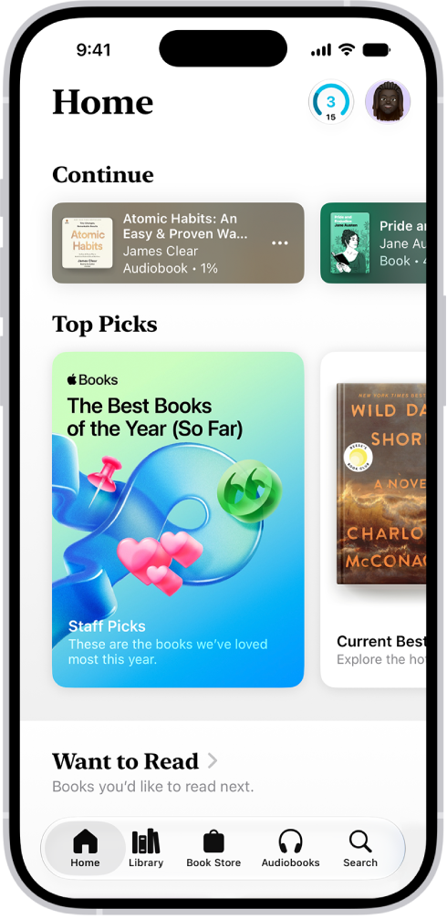 The Home screen in the Books app. At the bottom of the screen are, from left to right, the Home, Library, Book Store, Audiobooks, and Search tabs. The Home tab is selected.