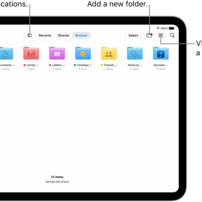 The Files app displaying multiple folders and locations named Downloads, Letters, Family, and so on. At the bottom of the screen are buttons for Recent files, Shared files, and the Browse tab.