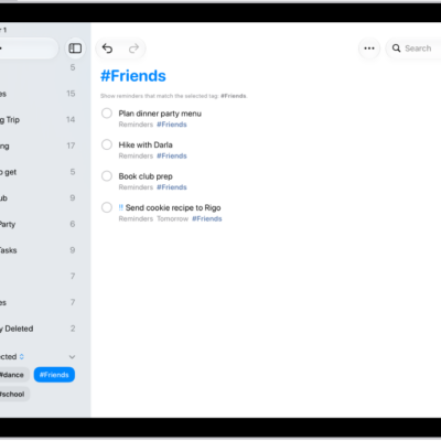 A Reminders screen showing the Tag Browser at the bottom left with All Tags selected. On the right is a list of all items with tags.
