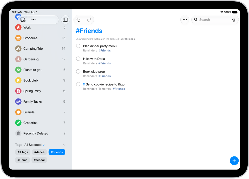 The Reminders app, showing multiple lists and the Tag Browser on the left. On the right is a list of all items with tags.