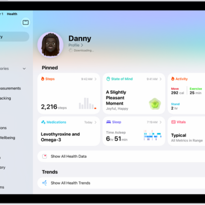 The Summary screen in Health. Information about steps, state of mind, activity, medications, sleep, and vitals appears below Pinned.
