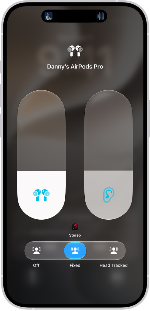 The volume screen in Control Center showing the volume level for AirPods Pro. Below the volume indicator, the Spatial Audio options are showing. The options are Off, Fixed, and Head Tracked.