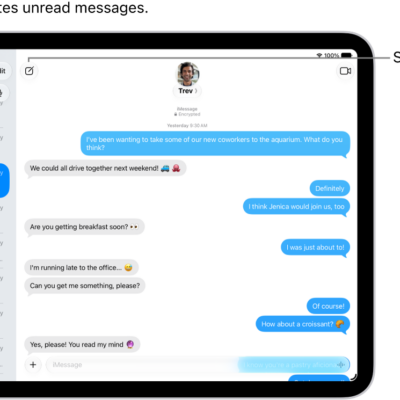 A Messages conversation list on the left and a conversation transcript on the right. An unread messages is marked with a blue dot.