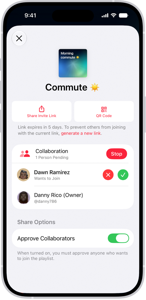 The Manage Collaboration screen in the Music app.